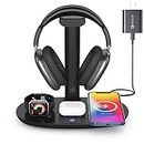 Headphone Stand with 15w Wireless Charger, Suguder 4 in 1 Qi Charging Station Headset Holder for AirPods Max/Pro/2 iWatch 6/5/4/3/2/1/SE iPhone 12/11/10/9/8 Series for Gamer Desktop Table Game, Black