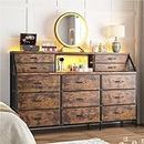 EnHomee 55”W Dresser for Bedroom, Dresser with 13 Large Drawer, Dressers & Chests of Drawers, Dressers with 2 Shelves, Bedroom Dresser, Long Dresser for Closet, Wooden Top Metal Frame Rustic Brown