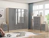 Unique Furnishings LARGE 5 DOOR GREY FITMENT WARDROBE + 1X BEDSIDE TABLE IN HIGH GLOSS GREY