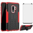 Phone Case for Samsung Galaxy S9 Plus with Tempered Glass Screen Protector Cover and Stand Kickstand Hard Rugged Hybrid Protective Cell Accessories Glaxay S9+ 9S 9+ S 9 9plus S9plus Cases Black Red