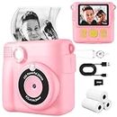 WEEFUN Kids Camera - Children's Instant Camera Print 1080P 2.4 Inch Screen, Digital Camera with 16X Digital Zoom, 32GB TF Card, Card Reader, Colored Pens for 3-12 Boys and Girls Years Gift PINK