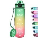 GOSWAG 32oz Motivational Water Bottle with Time Marker, Fruit Strainer, Sports Times to Drink, Leakproof & BPA Free, Reusable Plastic with Strap for Gym & School, no Straw.