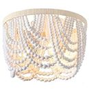 Bohemia Wood Beaded Chandelier Flush Mount Ceiling Light,Farmhouse Antique White with Hemp Rope Mini Pendant Light Fixture for Bedroom,Hallway, Entryway, Passway, Dining Room,3-Light