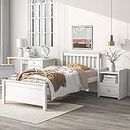 Bedroom Furniture Set with 1 Twin Beds Frame & 1 Nightstand, for Boys Girls, Kids Twin Beds Platform Bed Frame with Headboard & Footboard, Nightstand with 2 Open Shelves & Storage Drawer, White