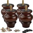 4 inch / 9cm Wooden Furniture Legs, La Vane 4PCS Glaze Soild Wood Spindle Replacement Bun Feet with Pre-Drilled 5/16 Inch M8 Bolt & Mounting Plate & Screws for Couch Table Sofa Cabinet