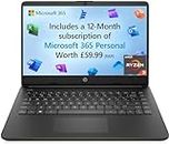 HP Laptop 14s-fq0004na, 14" Full HD Laptop, AMD Ryzen 3 3250U processor, 2,6 GHz, 4GB Ram, 128 GB SSD, Windows 11 in S Mode, Black, with Microsoft 365 Personal 12 Months Included