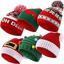 6 Pcs Christmas Knitted Beanie Hat Santa Red Green Knit Crochet Cap Set for Party Adults Teens Kids Christmas Hat, 12'' x 8'' (Cute Style)