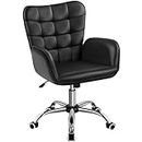 Yaheetech Faux Leather Office Chair Modern Vanity Chair Ergonomic Adjustable Computer Chair with Wide Seat, Padded Armrests for Study, Bedroom Black
