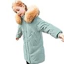 amropi Girls Winter Coat Puffer Jacket Padded Long Overcoat with Fur Hood (Green,12-13Years)