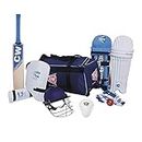 Lefty Academy Players Junior 9 Item Complete Cricket Gears Kit Size 6 With Wheel Sports Luggage Bag Including All Batting Match Tools Designed For Left Handed Players Age Group 11-12 Yr In Blue Color By CW