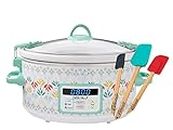 The Pioneer Woman 6-Quart Meandering Geo Slow Cooker with Digital Timer, with Gadgets 9 Pieces Utensil Natural Bamboo Bundle