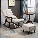 FURNITURE HUB Teak Wood Modern Ergonomic Rocking Chair for Living Room, & Bedroom with Back & Seat Cushions with Footrest (Sewd Cream)