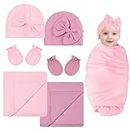 Hestya 2 Pack Baby Swaddle Wrap with Bow Hat and Mittens Set Cotton Warm Baby Swaddle Blanket Infant Baby Caps Scratch Mittens Gloves Newborn Sleep Shower Gift for Girl Boy (Pink, Dark Pink)
