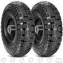 TICONN 4.10/3.50-4" Tire and Wheel Flat Free, 2 Pack 10" Solid Rubber Tires with 5/8” Axle Bore Hole and Double Sealed Bearings, Perfect for Wheelbarrow, Garden Cart, Wagon, Dolly (Black, 2PK)