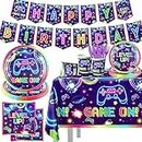 Video Game Party Decorations-142pcs Game On Video Game Tableware, Disposable Neon Game Tablecloth Plates Napkins Cups for Kids Boys Girls Cool Video Gaming Birthday Party Tableware Set Supplies