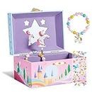 Unicorn Girls Musical Jewelry Box with Star Shaped Mirror, Spinning Unicorn and Unicorn temed Bracelet & Stickers