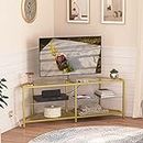 HOOBRO Corner TV Stand with Power Outlet for TVs up to 60", Modern 55" Corner TV Console Table with Open Shelves, Tempered Glass Media Entertainment Center for Living Room, Bedroom, Gold GD143UDS01