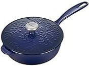 Le Creuset Olive Branch Collection Enameled Cast Iron Saucier, 2.25 qt., Indigo with Embossed Lid