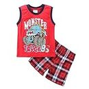 2 PCS Baby Boys Summer Clothing Set Sleeveless Tank Tops T-Shirt+Plaid Shorts Outfits (Red, 5-6 Years)