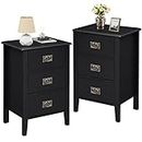 VECELO Nightstands Set of 2 Side Tables for Small Spaces Bedroom, Living Room, Sofa Bedside, Vintage Accent Furniture, Solid Wood Legs, Three Drawers, Black
