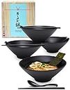 APEX S.K. 4 Sets 1700 milliliters Large Japanese Ramen Noodle Soup Bowl Dishware Ramen Bowl Set with Matching Spoon and Chopsticks for Udon Soba Pho Asian Noodles (4, Black, 23 Centimeters)