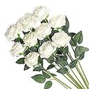 Veryhome Artificial Flowers Silk Roses Fake Bridal Wedding Bouquet for Home Garden Party Floral Decor 10 Pcs (White Curved stem)