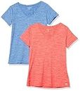 Amazon Essentials Women's Tech Stretch Short-Sleeved V-Neck T-Shirt (Available in Plus Sizes), Pack of 2, Coral Orange Space Dye/Light Blue Space Dye, XL