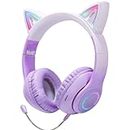 Cat Ear Wireless Bluetooth Headphone with Noise Canceling Microphone for Kids, LED Light Up Over Ear Headset with Stereo Sound Deep Bass Memory Foam Ear Pads for Online Class & Gaming, Purple
