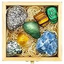 Grade Crystals and Healing Stones for Abundance and Prosperity in Wooden Box - Malachite, Pyrite, Citrine, Aventurine, Blue Calcite, Tree Agate, Tiger's Eye Gemstones + Info Guide, Gift Kit