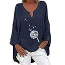 JISDFKFL Damen-Bluse aus Leinen, mit Knopfleiste, leger, langärmelig, Henley-Kragen, Löwenzahn-Druck, hoher niedriger Saum, navy, XXL