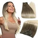 Full Shine 22" 120gram 10 Pcs Remy Balayage Clip in Hair Extensions Dark Brown Color #8 Fading to Color #60 Platinum Blonde Balayage Human Hair Extensions Clip in Real Hair
