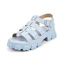 LUCKY STEP Women 's Platform Wedge Sandals Open Toe Adjustable Ankle Strap Chunky Heel, Denim Blue, 7 US