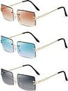 3 Pairs Rimless Rectangle Sunglasses Tinted Frameless Eyewear Vintage Transparent Y2K Glasses for Women Men (Grey, Tea and Blue)