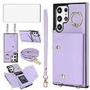 Asuwish Phone Case for Samsung Galaxy S22 Ultra 5G Wallet Cover with Screen Protector and Ring Stand Credit Card Holder Slot Crossbody Strap Cell S22ultra 22S S 22 S22ultra5g 6.8 Women Girl Men Purple
