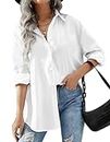 Hotouch Women White Button Up Shirt Long Sleeve Office Dress Shirt Loose Drop Shoulder Blouse with Pockets M