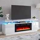 AMERLIFE Fireplace TV Stand with 36" Fireplace, 70" Modern High Gloss Fireplace Entertainment Center LED Lights, 2 Tier TV Console Cabinet for TVs Up to 80", Ivory White