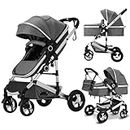Kinder King 2 in 1 Convertible Baby Stroller, Folding High Landscape Infant Carriage, Newborn Reversible Bassinet Pram, Adjustable Canopy, Diaper Bag, Anti-Shock Toddler Pushchair Dark Grey