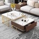 Zamofy Square Coffee Table Set of 2, Modern Nesting Stacking Couch Center Table or Tea Table with Iron Frame and Marble Look for Living Room or Apartments (Walnut White)