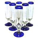 Mexican Blown Glass Champagne Flutes Cobalt Blue Rim (Set of 6)
