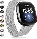 Meyaar Bands Compatible with Fitbit Versa 3/Fitbit Sense, Stainless Steel Metal Adjustable Magnetic Wristbands Replacement Straps for Fitbit Versa 3/Sense Smartwatch Men Women (Silver)