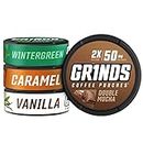 Grinds Coffee Pouches | Top 4 Flavors | Wintergreen, Caramel, Double Mocha, & Vanilla | Tobacco Free, Nicotine Free Healthy Alternative | 1 Pouch eq. 1/4 Cup of Coffee (Top 4 Flavors)