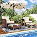 Pamapic 5 Pieces Outdoor Patio Wicker Chairs Set with Ottoman, Outside Conversation Furniture Set with Cushions and Coffee Table for Balcony Porch Lawn Garden (Cream Cushion+ Umber Rattan)
