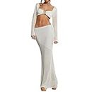 Tsnbre Knit Sets Two Piece Skirt Outfits for Women Hollow Out Long Sleeve Crop Top Bodycon Maxi Dress 2 Piece Summer Set, White, Small