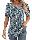 Ficerd Women's Puff Short Sleeve Tunic Tops Pleated Crew Neck Blouses Dressy Casual Loose Spring and Summer T-Shirts (Blue Flower, X-Large)
