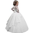 Vintage Flower Girls First Communion Dresses with Lace Sleeves Long Girls Wedding Dress Pageant Ball Gown, White, 12