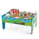 COSTWAY Train Track Set and Table, Wood Kids Play Tables with Abundant Accessories, DIY Railway Activity Playset for Boys Girls (80PCS, Without Drawer, 83 x 60 x 40cm)