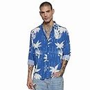 Campus Sutra Men's Cobalt Blue Palm Tree Shirt for Casual Wear | Made with Eco-Liva Fabric | Spread Collar | Long Sleeve | Button Closure | Rayon Shirt Crafted with Comfort Fit for Everyday Wear