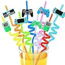 16PCS Game Controller Drinking Straws Video Game Party Favors Goodie Gifts for Kids Gamer Birthday Party Supplies, Game On Party Supplies with 2 PCS Cleaning Brushes