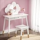 Keezi Kids Vanity Dressing Table Stool Set with Mirror Drawer, 2 in 1 Children Dresser Makeup Desk Chair for Girls Bedroom Furniture, MDF Board Smooth Surface with 4 Wooden Legs White