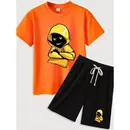 Jungen zweiteilige Hoddie Boy Print Kurzarm T-Shirt & Kordel zug Sports horts Rundhals ausschnitt